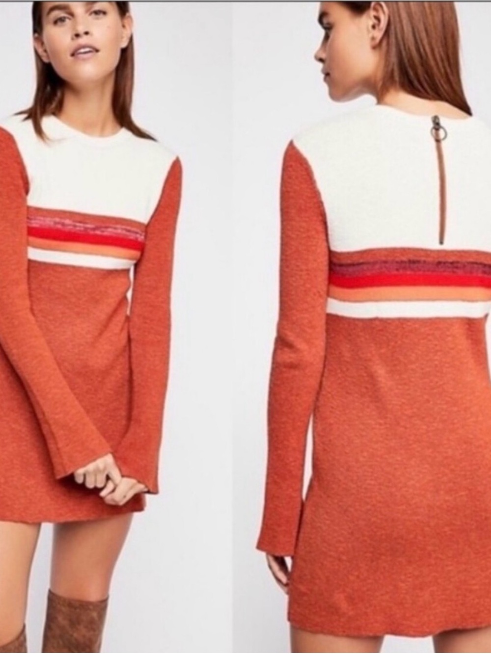 Free People Retro Rust and White Colorblock Knit Mini Dress Small